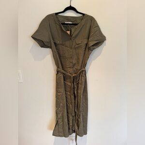 LOFT Olive Green Button-Front Dress with Tie Waist, 14 Plus, brand new with tag